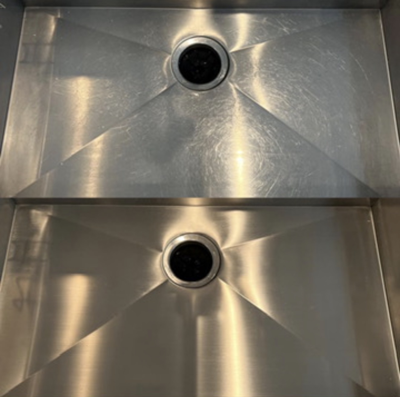 Stainless steel kitchen sink restored to a uniform brushed finish in the Coachella Valley