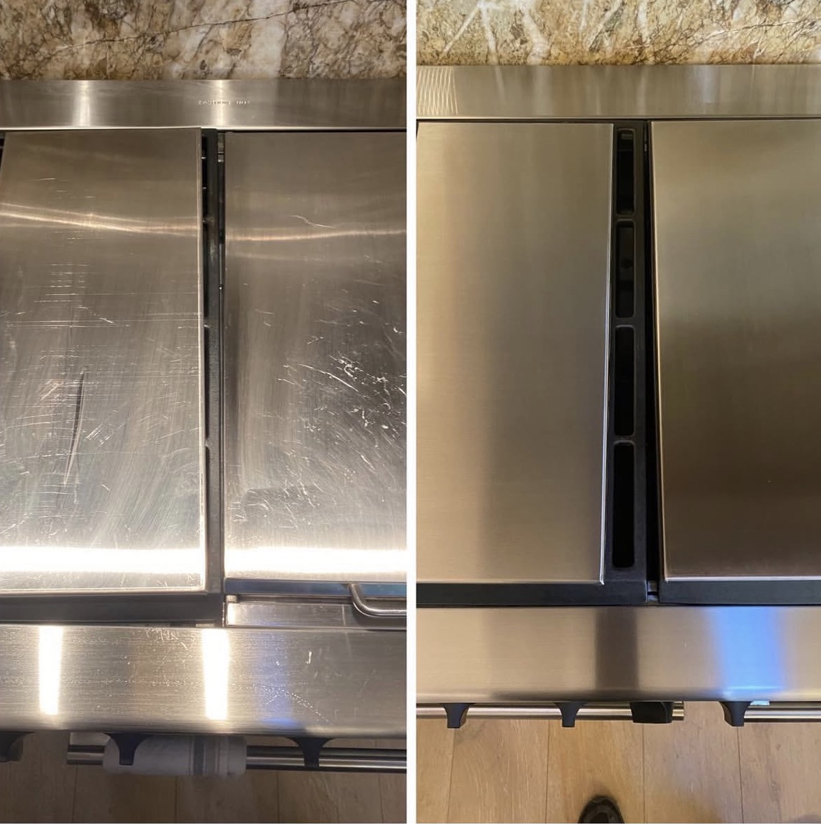 Before and after stainless steel refrigerator scratch removal in a Palm Desert kitchen